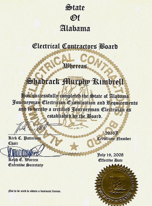 State of Alabama Journeyman Electrician Certification
